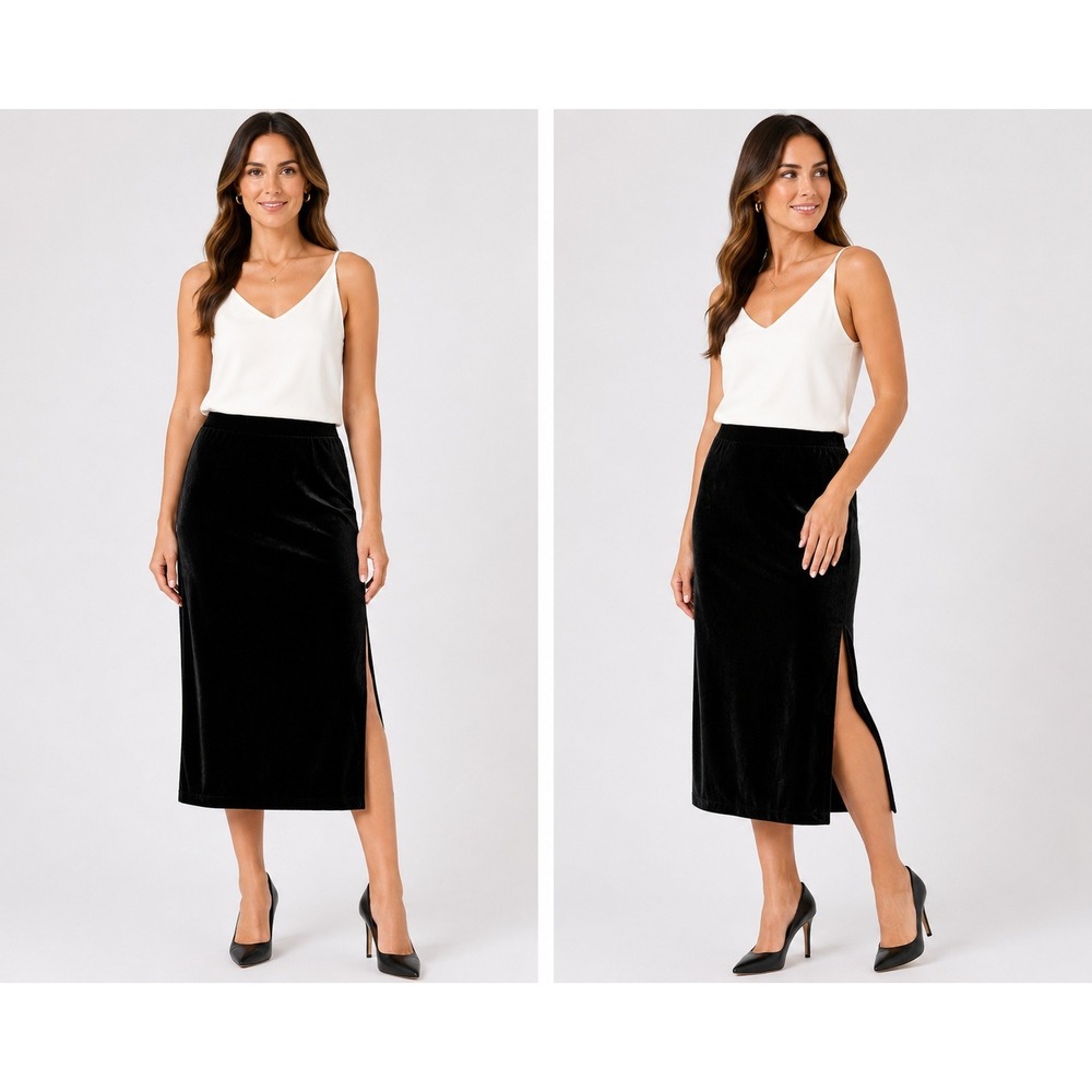 Ellen Figg Petite Black Velvet Midi Skirt Side Slit Stretch Size 14P NEW